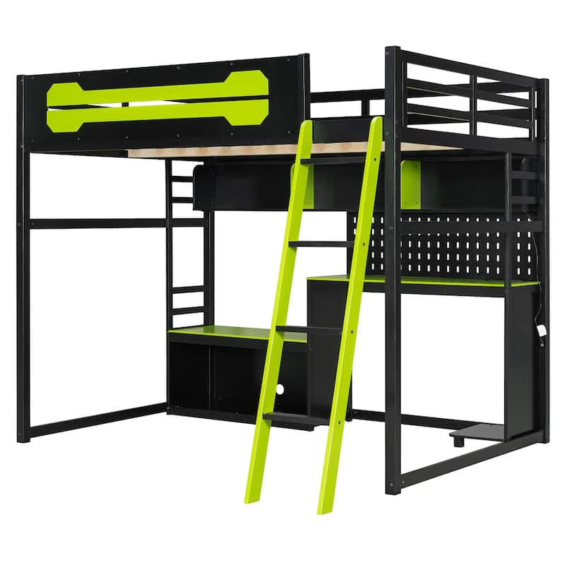 Full Size Wood Loft Bed with Desk, Shelves, LED Lights, USB Ports and Pegboard