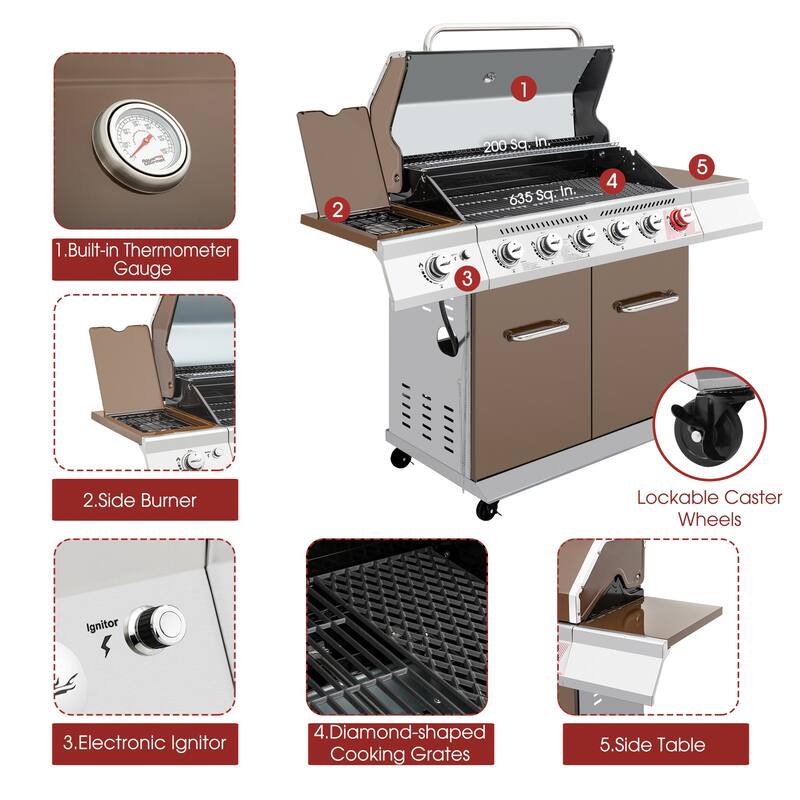 Royal Gourmet 6-Burner Gas Grill with Sear & Side Burner, coffee