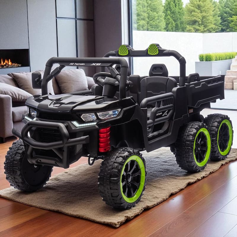 24V 2-Seater Kids Ride On 6-Wheel Dump Truck with Remote Control, 4WD, Suspension, Bluetooth Music, USB & Shovel Toy - Black