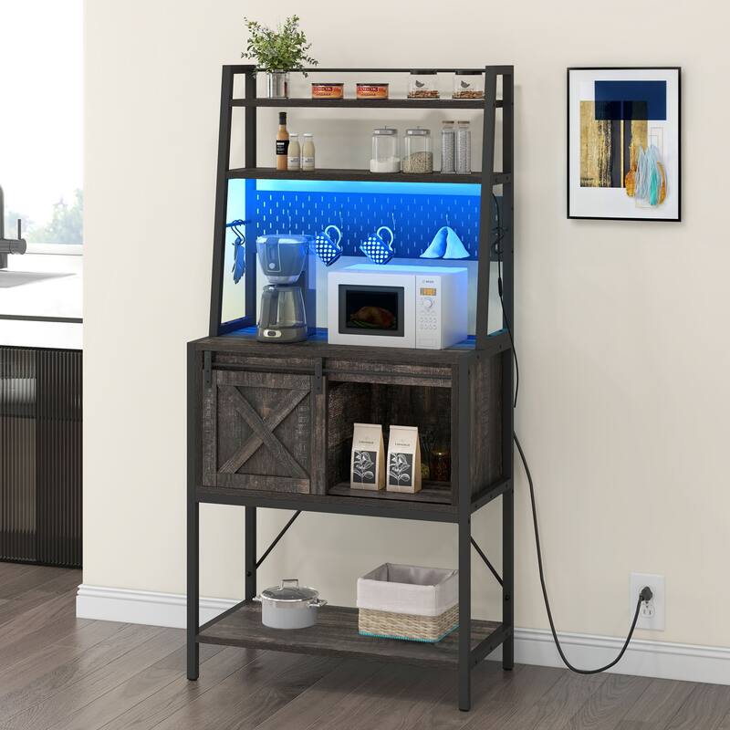 65" Tall Bakers Rack with Sliding Storage Drawer Barn Door & Shelf
