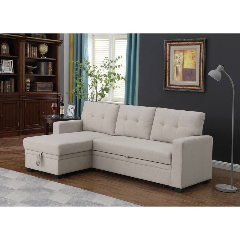 Beige Linen Upholstered Pull out Sectional Sofa with Chaise