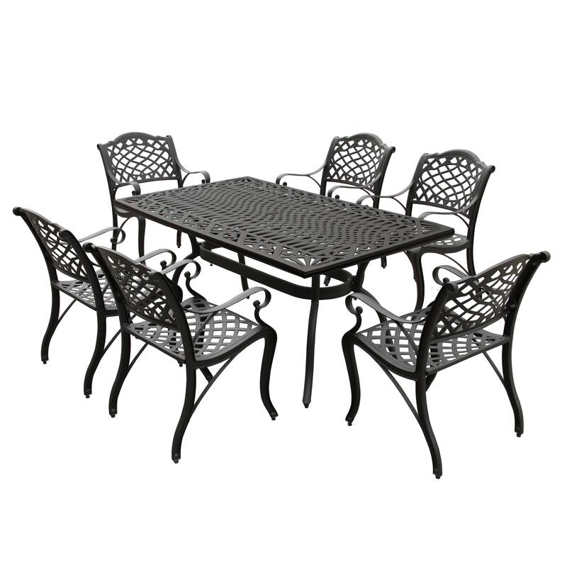 Modern Ornate Outdoor Mesh Aluminum 68-in Rectangular Patio Dining Set with Six Chairs - N/A - Black