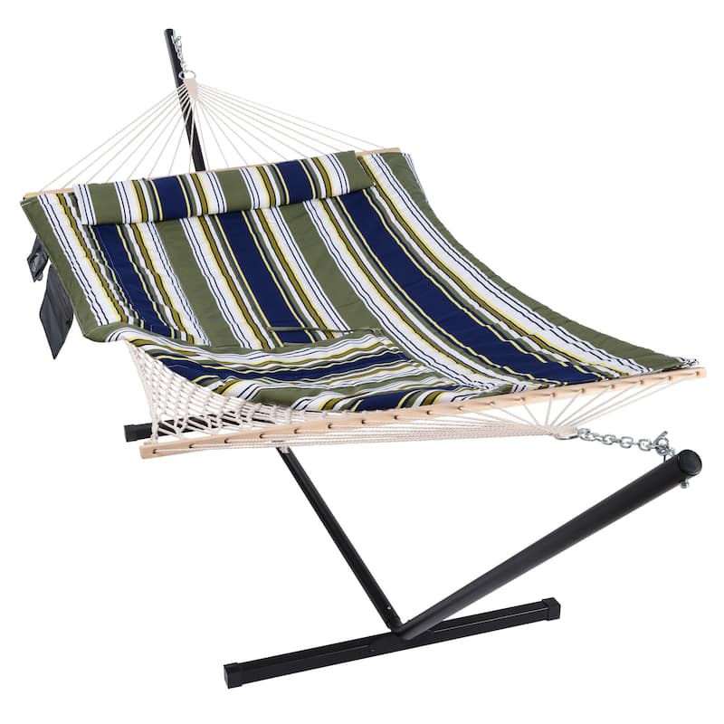 Hammock Double Hammock with Stand, Two Person Cotton Rope Hammock - 147.6(L)*52(W)*47.6(H) - Blue& Green