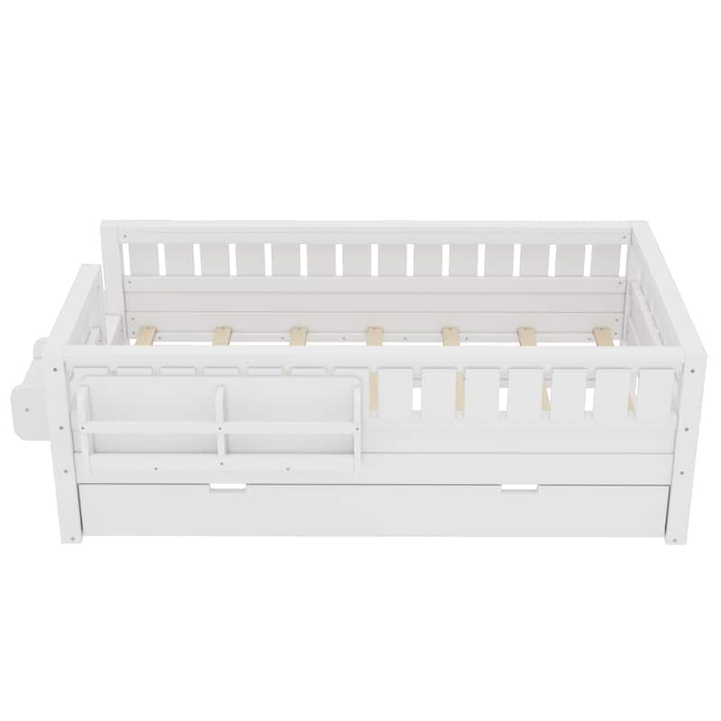 Roomfitters Floor Bed with Bookshelf and Trundle, Low Profile Frame with Step Entry