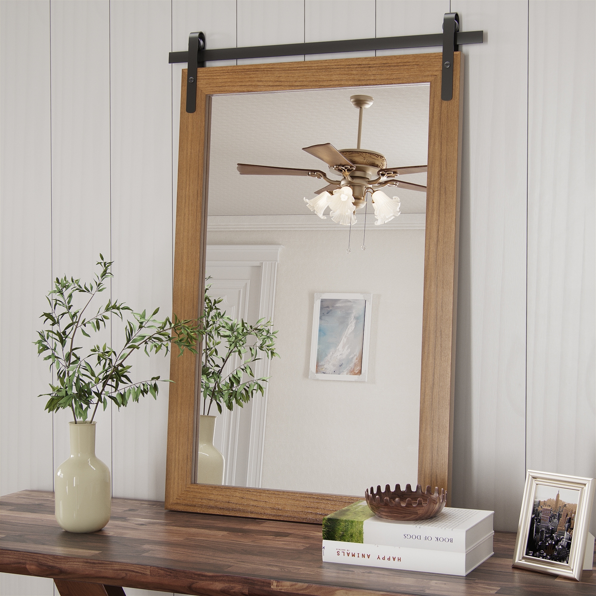 Farmhouse Rectangular Wood Frame Wall Mirror, Rustic Barn Door Bathroom Vanity Mirror