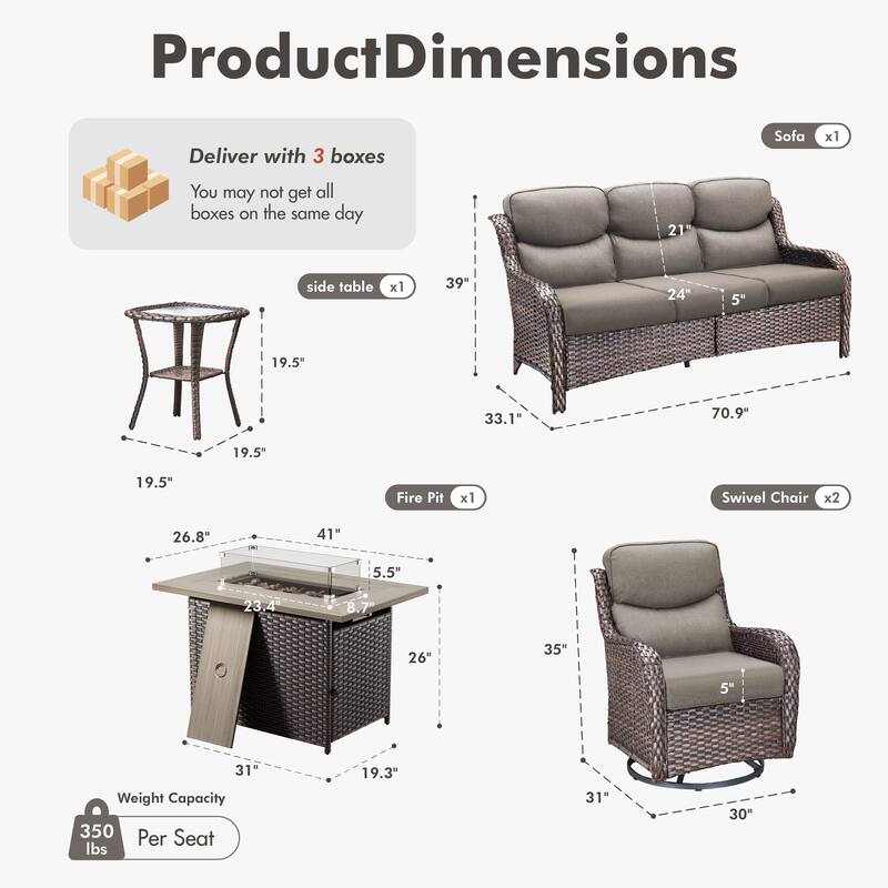 Meyreso 5-Piece Outdoor Patio Wicker Fire Pit Conversation Set with 5-Inch Thick Olefin Cushions