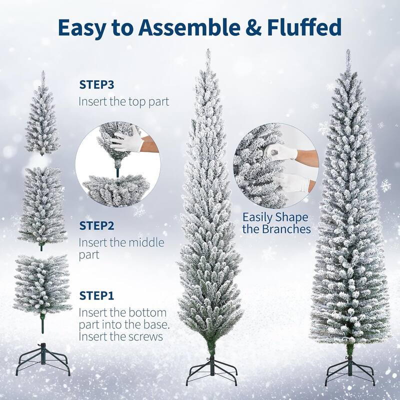6ft Prelit Flocked Pencil Christmas Tree with Lights, Slim Artificial Xmas Tree with Snowy Branch
