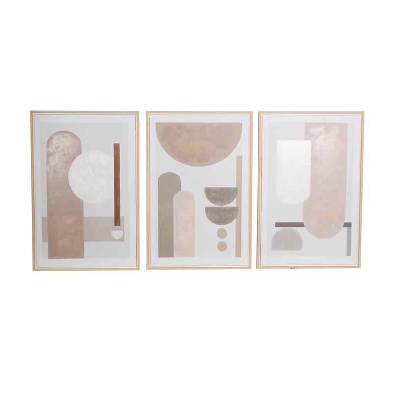 Pink Canvas Mid Century Modern Geometric Abstract Framed Wall Art with Brown Accents (Set of 3)
