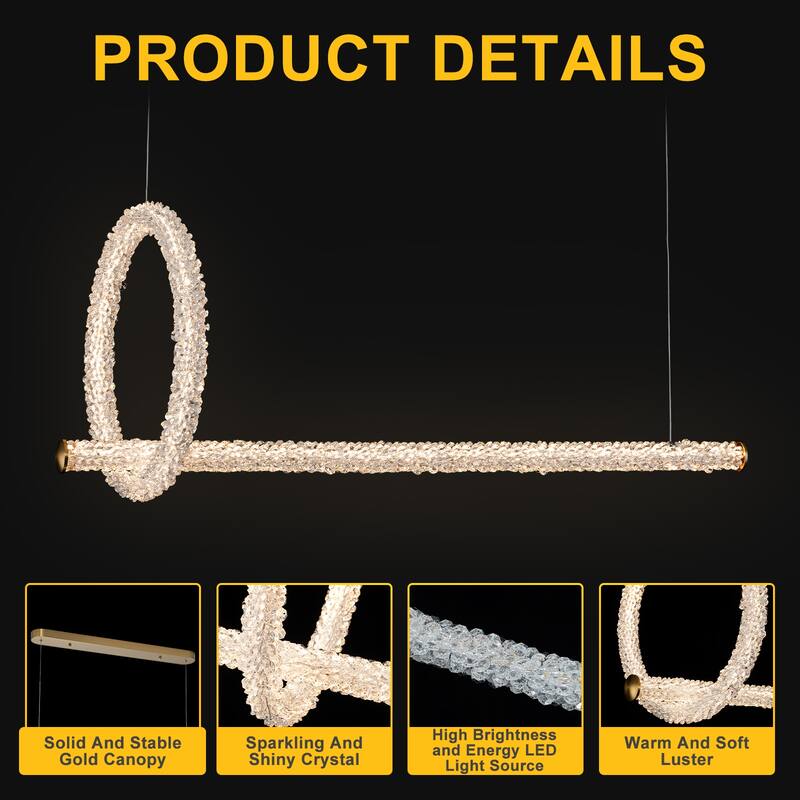 Modern Gold Crystal Ring Linear LED Chandelier, Dimmable - W39.37-in