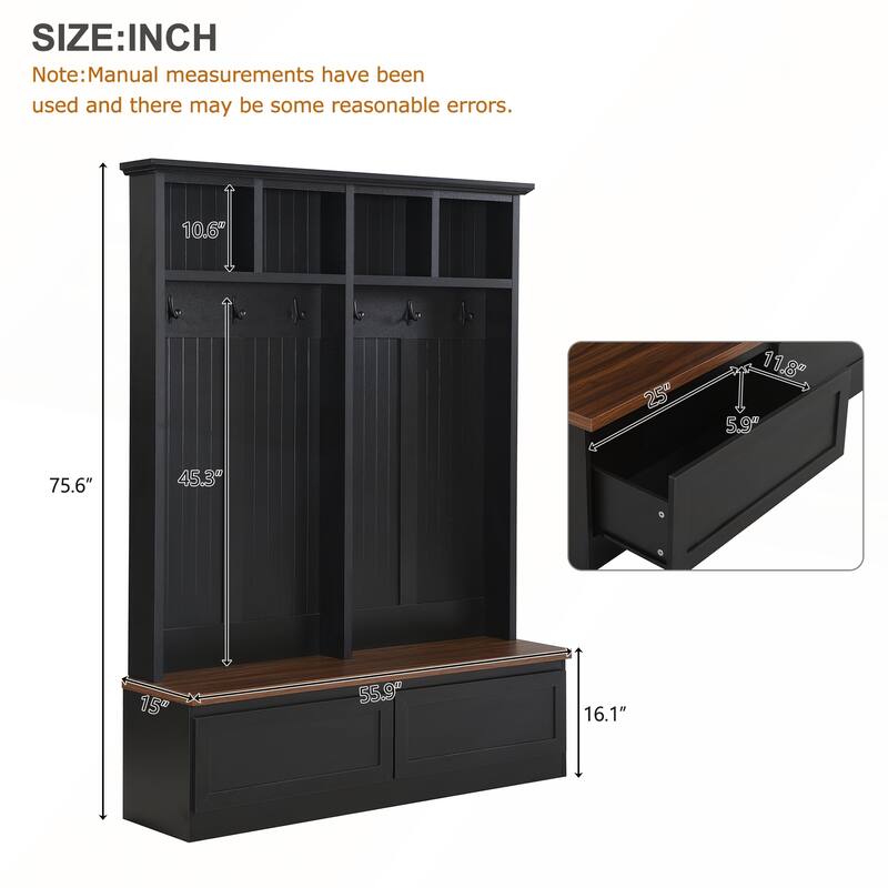 Farmhouse 4-in-1 Hall Tree with Wood Grain Bench