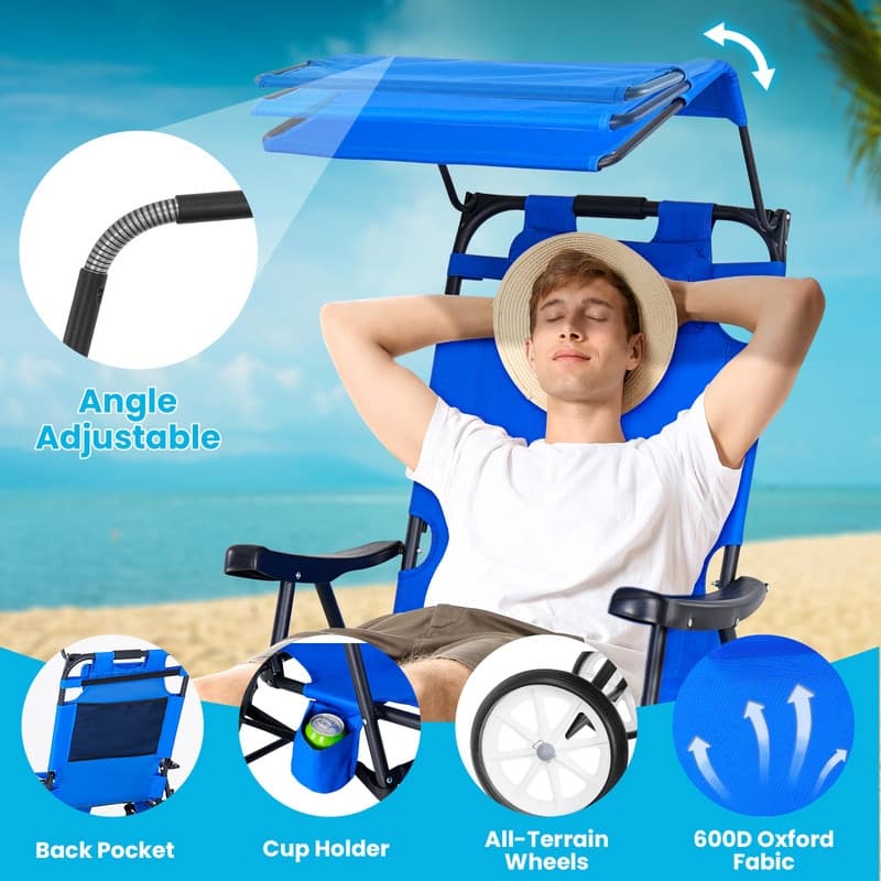 Beach Lounge Chair with Wheels and Canopy, Perfect for Pool or Picnic
