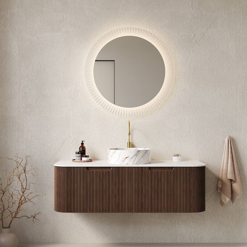 GDFStudio - Dina Modern 48" Floating Bathroom Vanity with Striped Curved Drawers & White Round Ceramic Basin, WITHOUT Faucet