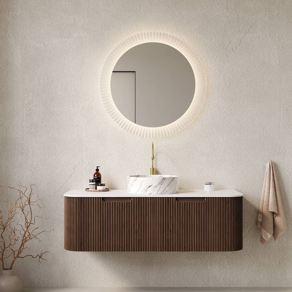 GDFStudio - Dina Modern 48" Floating Bathroom Vanity with Striped Curved Drawers & White Round Ceramic Basin, WITHOUT Faucet