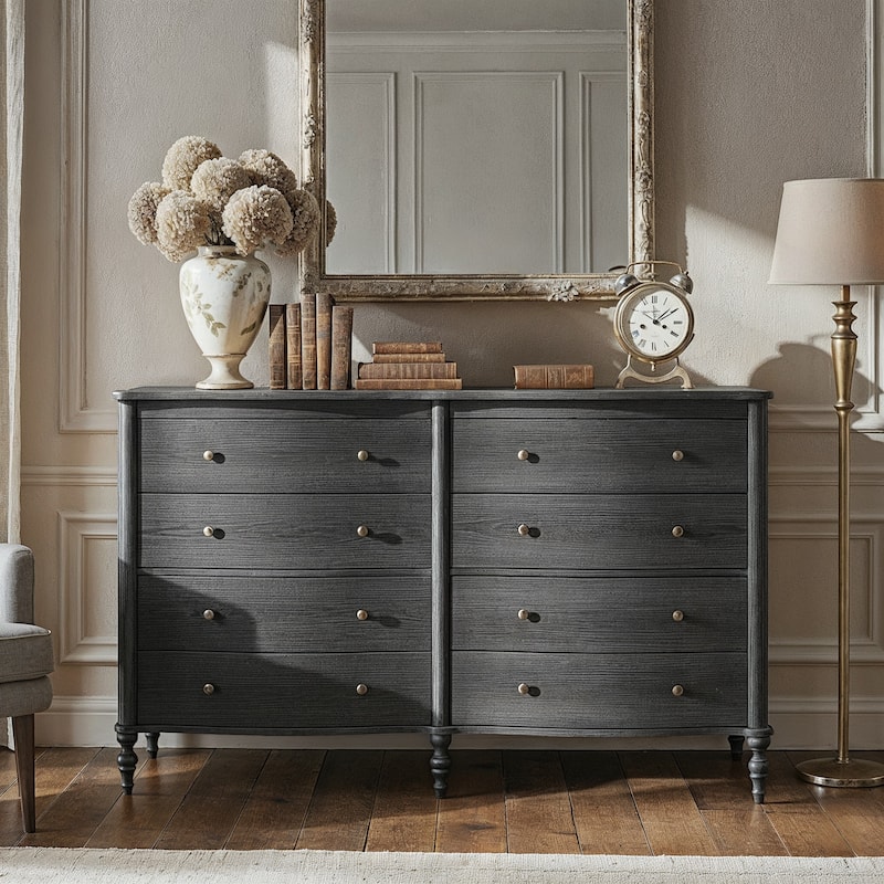 Elegant 8-Drawer Dresser with Solid Wood Legs, Vintage Curved Front Chest of Drawers for Bedroom Storage - Ebony Oak Color