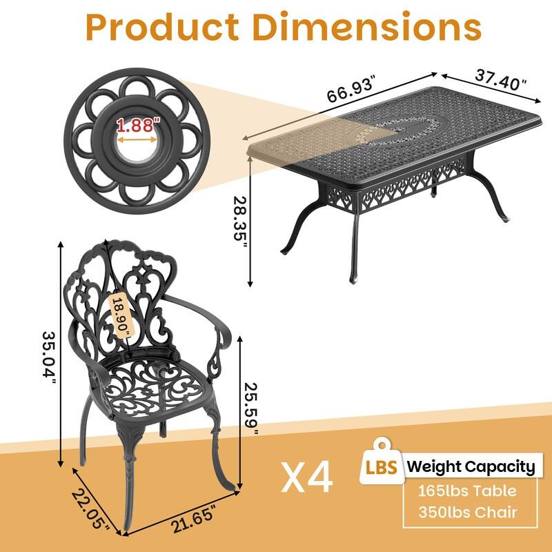 5-Piece Cast Aluminum Outdoor Dining Set with 66.93'' L X 37.40'' W Rectangular Table and Seat Cushions