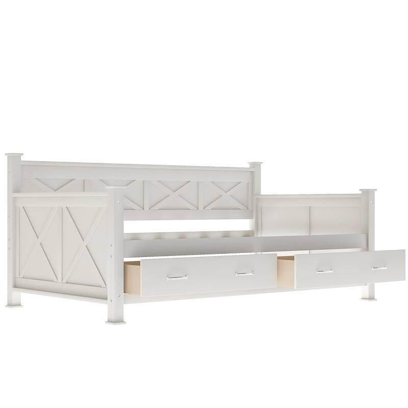 Twin Size Daybed with X-shaped Pattern & 2 Storage Drawers, Cream White
