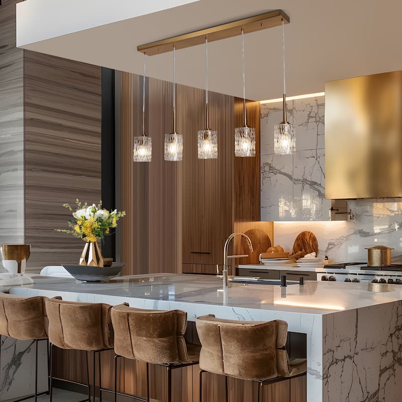 Laxow Modern 5-Light Gold Linear Chandelier Textured Glass Kitchen Island Lights - W 42.5" x H 12.2"