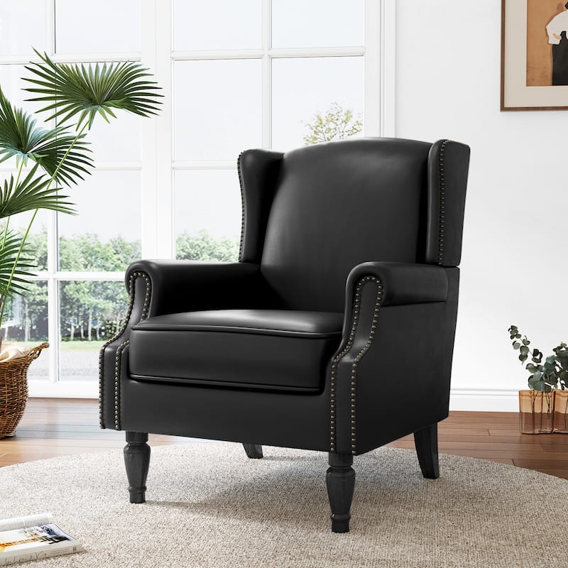 Mid-Century Modern Linen/ Vegan Leather Wing Back Accent Chair