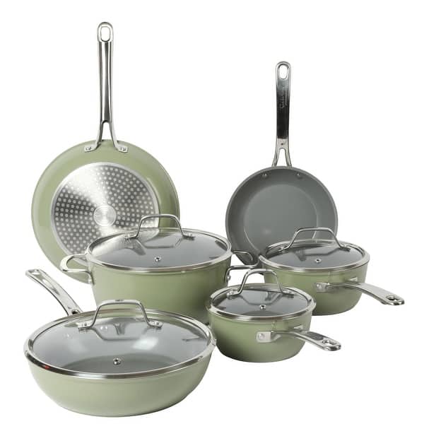 slide 2 of 9, Sur La Table Kitchen Essentials 10 Piece PFA Free Titanium Ceramic Nonstick Interior Forged Aluminum Cookware Pots and Pans Set Green