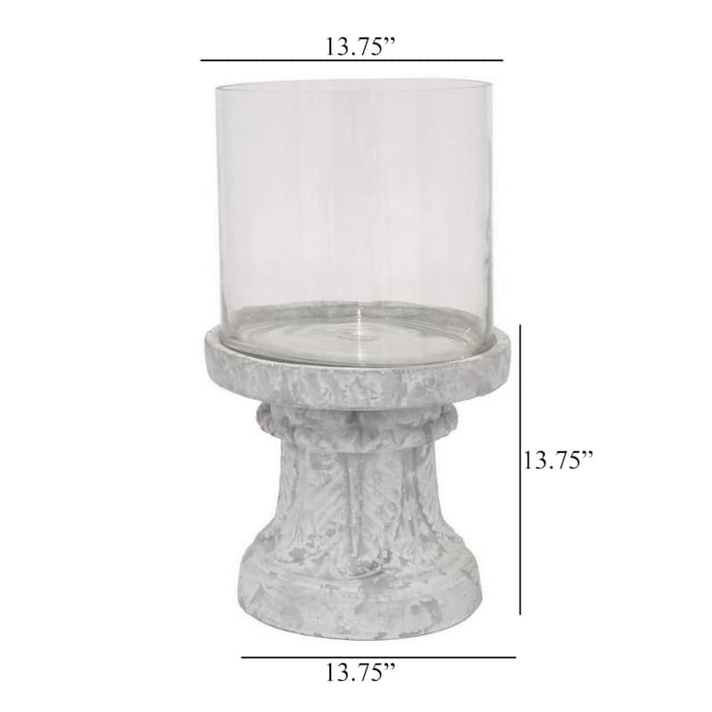 Kris Candle Holder, Hurricane Glass Top, White Gray Ceramic 14 Inch - White, Gray, Clear