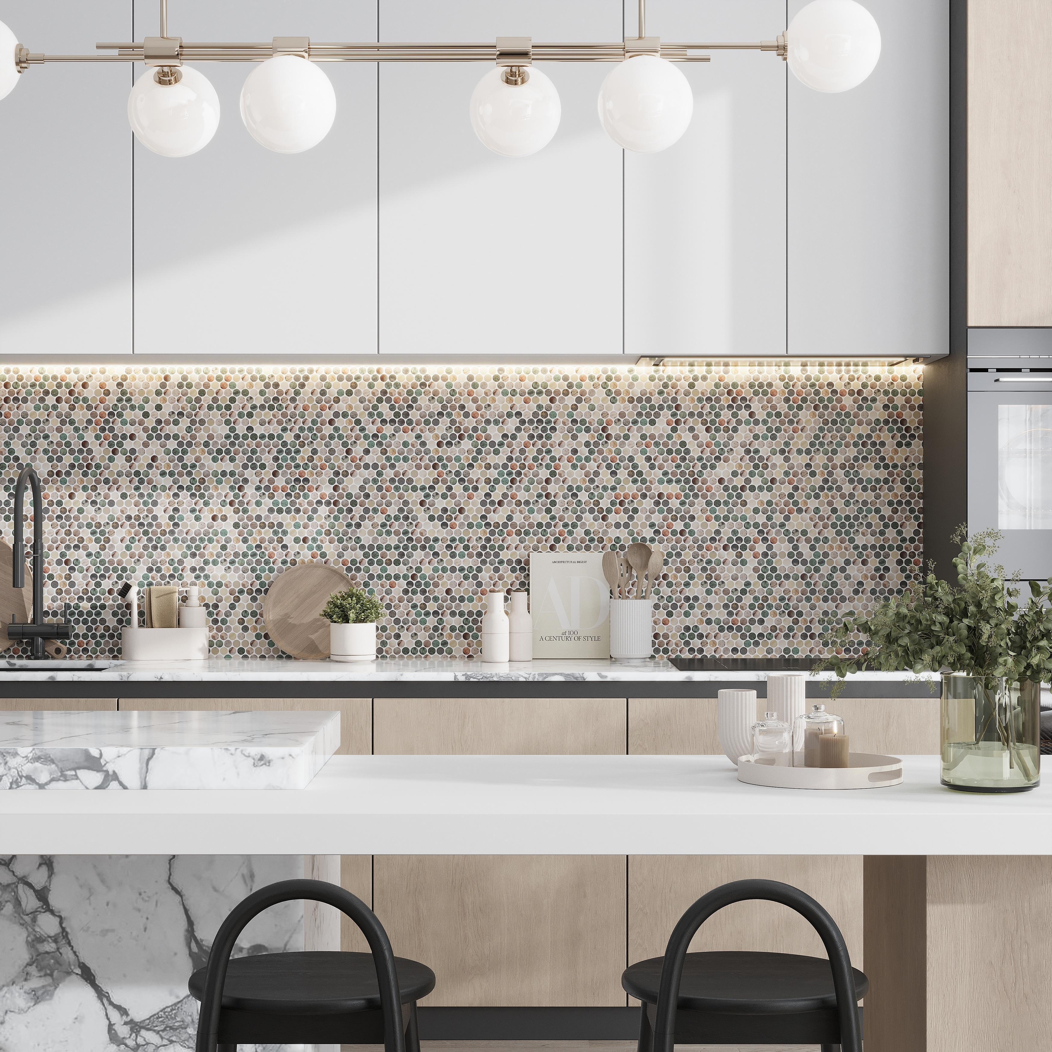 Lucenza 12x12 in. Green Beige Matte Recycled Glass Penny Round Mosaic Wall and Floor Tile (10.56 sq ft/case, 12-Pack)