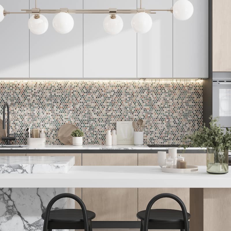 Lucenza 12x12 in. Green Beige Matte Recycled Glass Penny Round Mosaic Wall and Floor Tile (10.56 sq ft/case, 12-Pack) - Green Beige