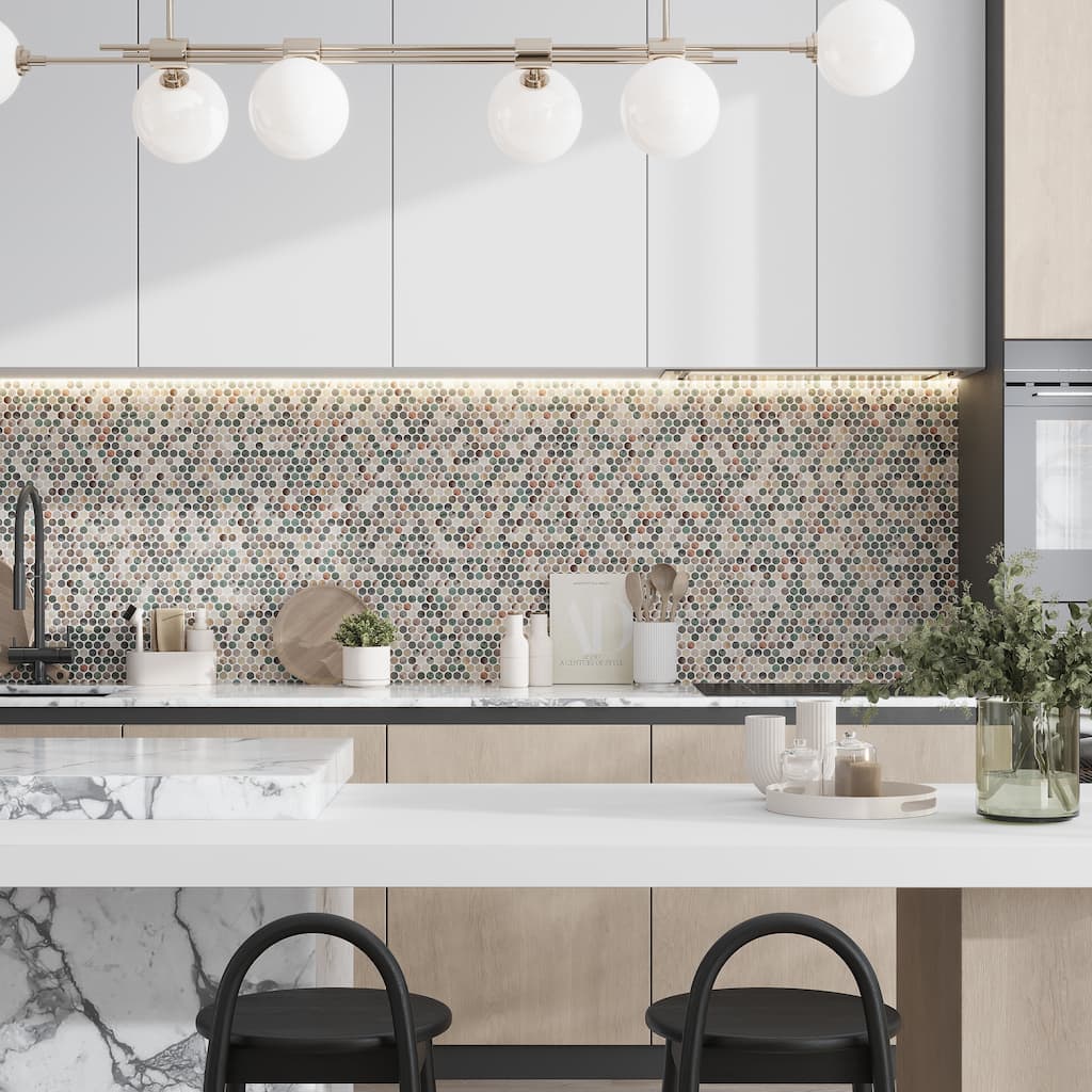 Lucenza 12x12 in. Green Beige Matte Recycled Glass Penny Round Mosaic Wall and Floor Tile (10.56 sq ft/case, 12-Pack)