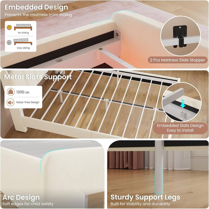 LED Bed Frame Storage DrawerSafety Guardrails Velvet Princess Platform Bed Kids