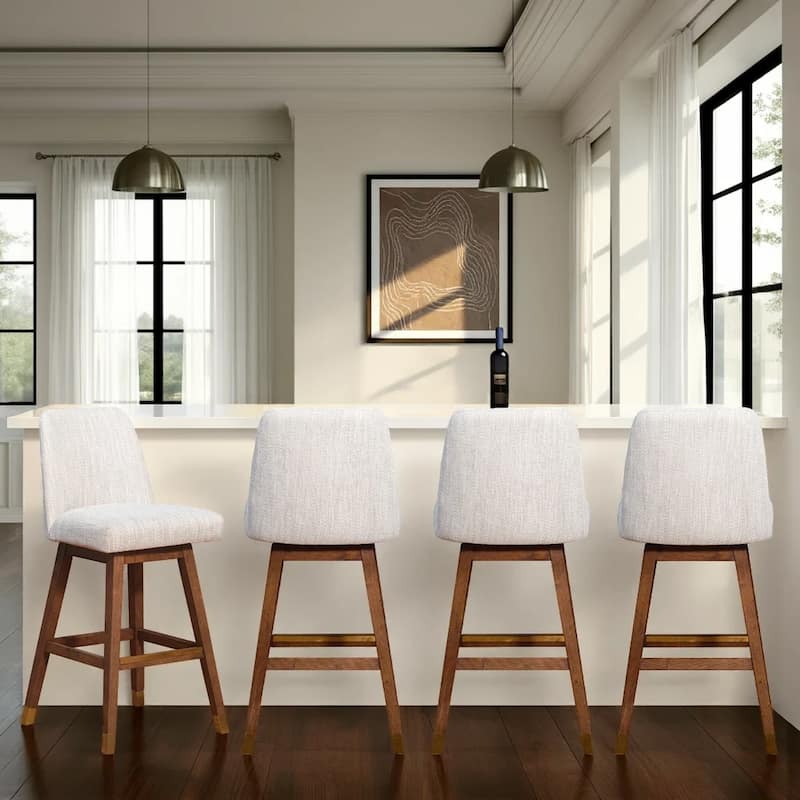 Amalie Upholstered Bar Stool, Swivel Counter Chair with Solid Wood Frame - Set of 4 - Brown & Beige Fabric - Bar Height