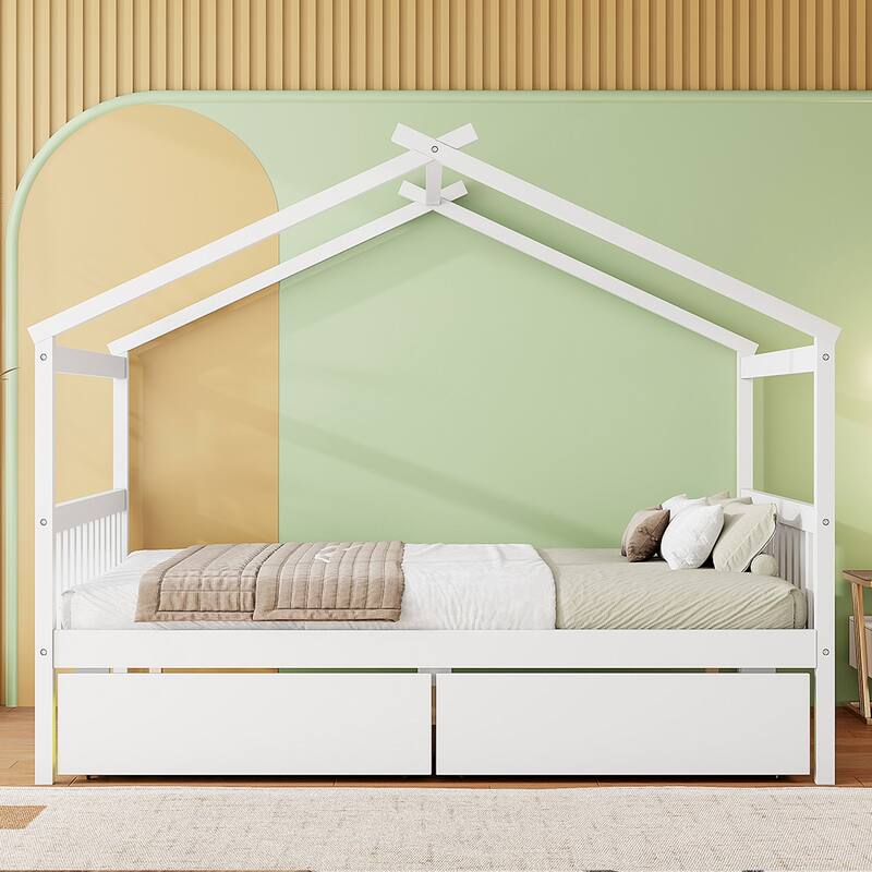 Creativity House Bed Full Size Frame with 2 Wood Drawers for Boys Girls, Wood Platform Bed with Roof No Box Spring Needed