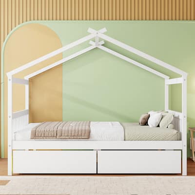 Full Size Wooden House Bed with Drawers, White
