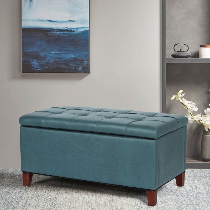 Adeco Storage Ottoman Bench Rectangular PU Leather Assembly Required - Blue