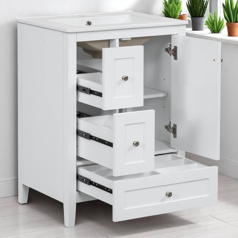 24" Bathroom Vanity with Sink, Adjustable Shelf, 3 Drawers, and Glossy White Finish - Freestanding MDF Cabinet,Storage Organizer