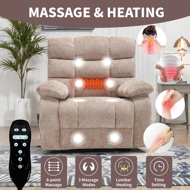 Chenille Power Lift Recliner Chair for Big and Tall with Massage, Heat, Dual Motors, and 180° Recline