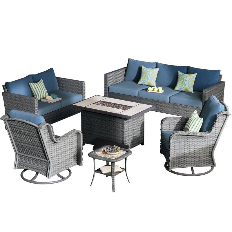 OVIOS 6-piece Patio Loveseat Swivel Chair Set With 42" Fire Table
