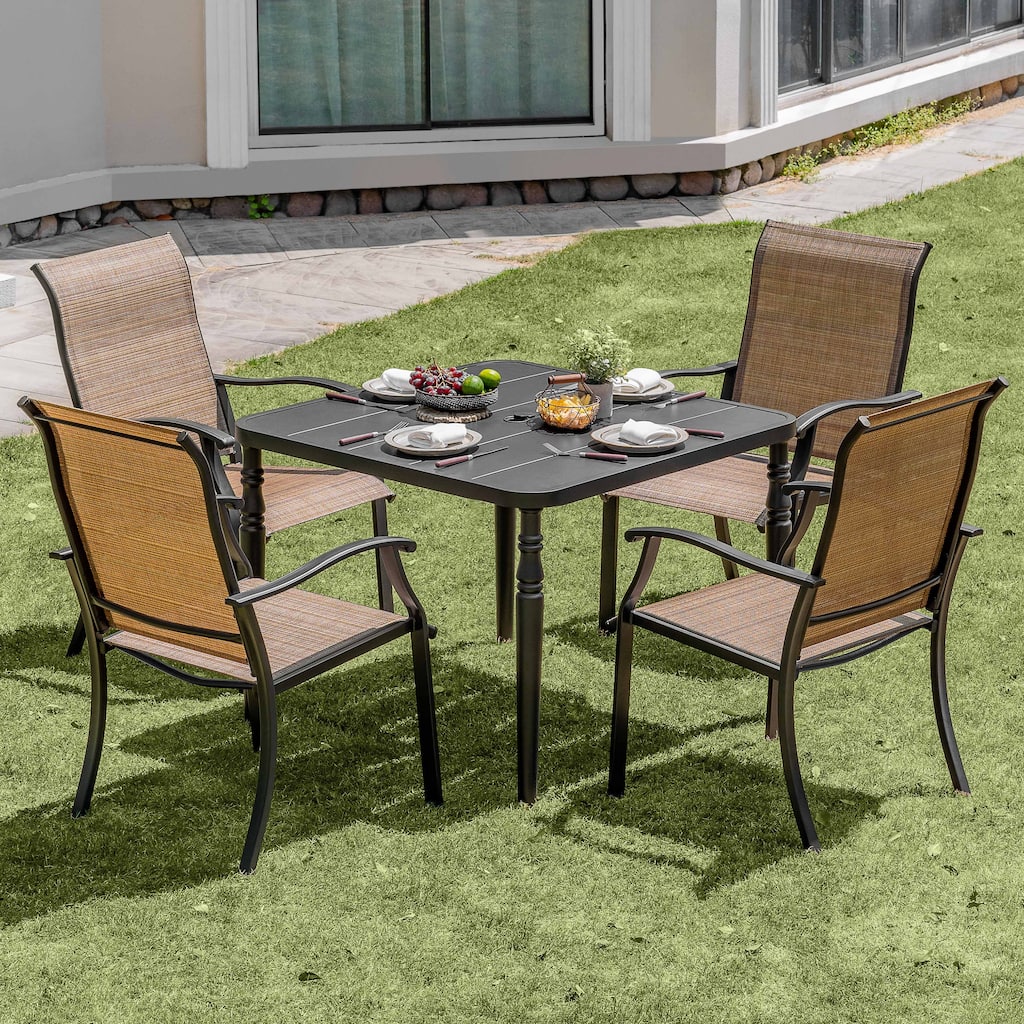 5-Piece Patio Ergonomic Textilene and Metal Dining Set with Umbrella Hole