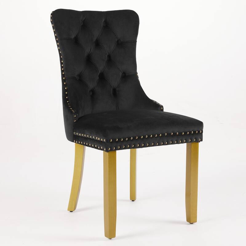 Velvet Dining Chairs Set of 2, Tufted Dining Chairs with Nailhead Trim, Kitchen Chairs with Lion Head Pulls Ring & Wooden Legs