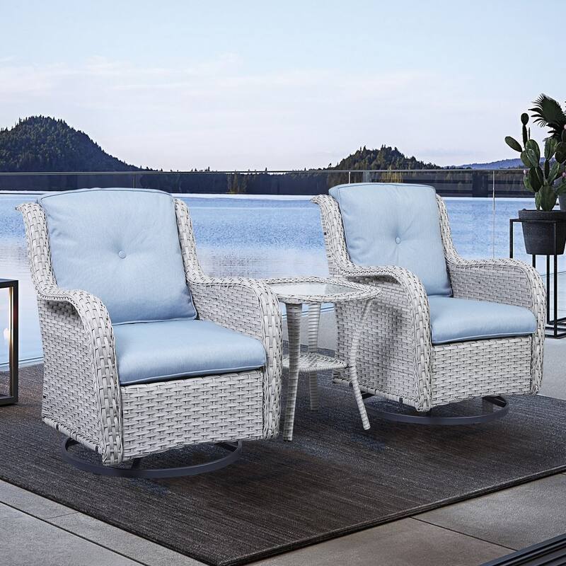 Pocassy 3-Piece Outdoor Swivel Bistro Set, Wicker Rocking Chairs