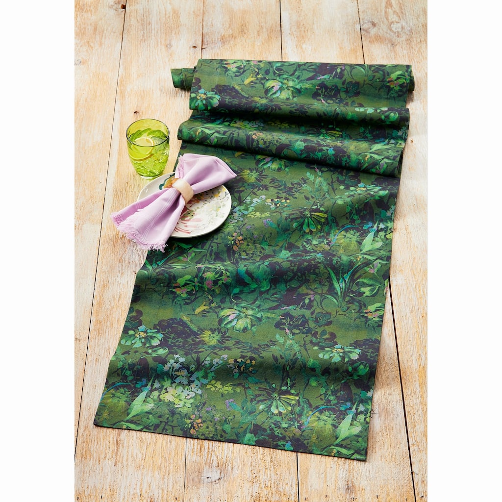 Garden Floral Assorted Green Floral and Green Background Cotton Machine Washable Table Runner Décor Decoration, 72" x 18"-in.