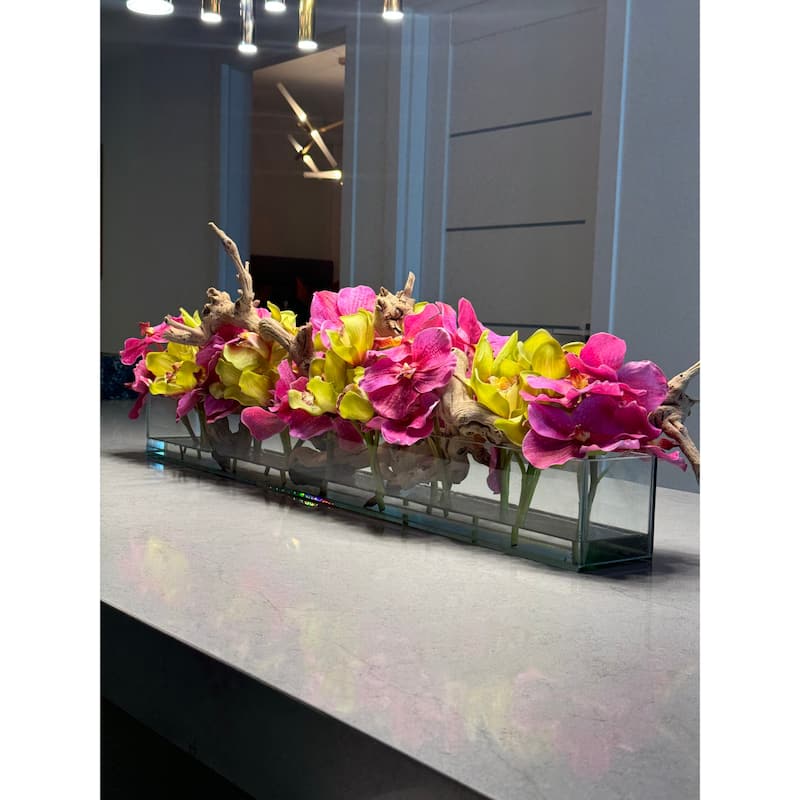 Casa Moderna Glass Planter With Pink Vandas And Green Cymbidiums
