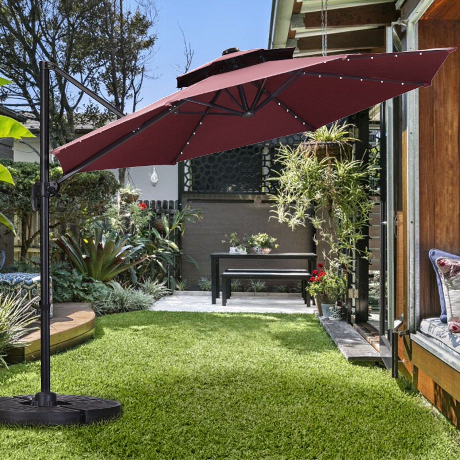 Shop Black Friday Deals On Ainfox 11ft 2 Tier Offset Hanging Patio Solar Powered Umbrella Base Not Included Overstock 31705137