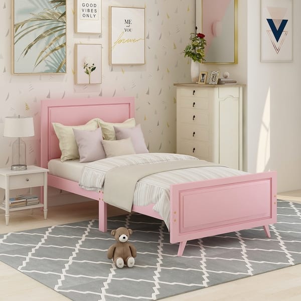 slide 2 of 18, Twin Size Wooden Platform Bed with Vintage Headboard and Footboard, Solid Wood Slats Support, Adorable Style for Kids' Bedroom Pink