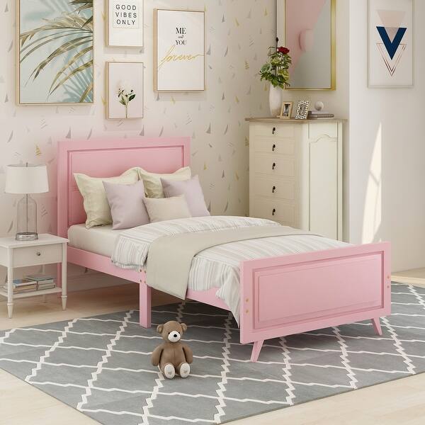 slide 2 of 13, Twin Wood Platform Bed with Headboard and Integrated Slats for Mattress Support Pink