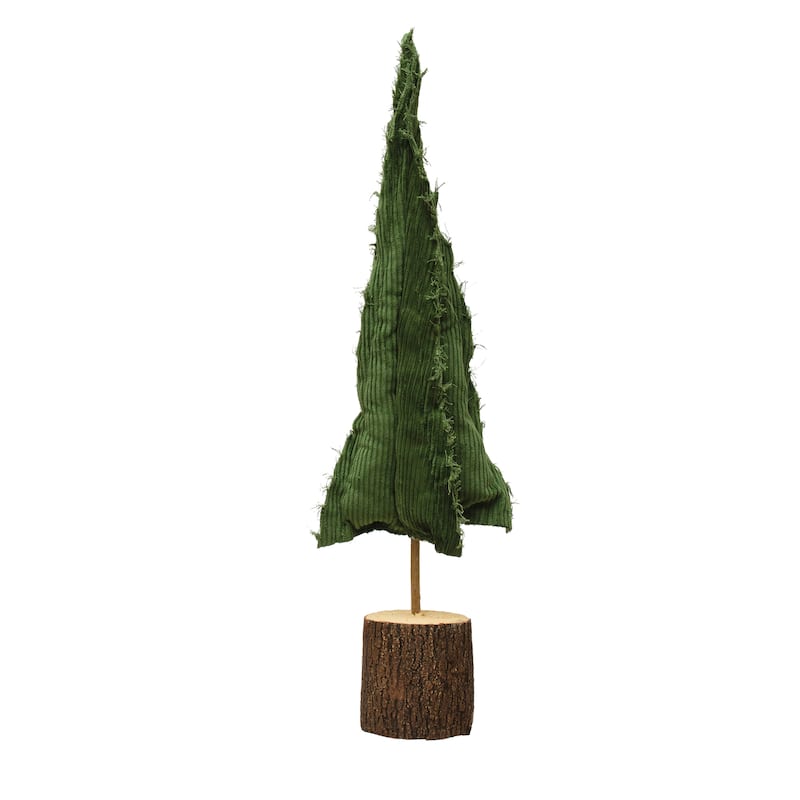 Raw-Edged Corduroy Tree with Wood Slice Base - 8.3"L x 8.3"W x 25.6"H - Green - Polyester