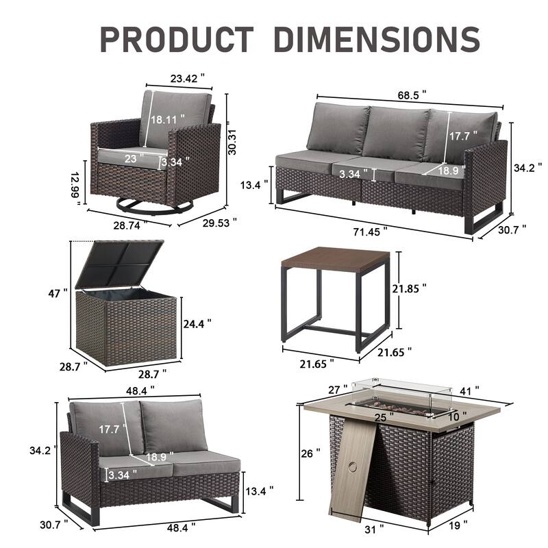 Gymojoy 9 Piece Wicker Outdoor Patio U-shaped feet Conversation Set Group , Include Fire Pit Table