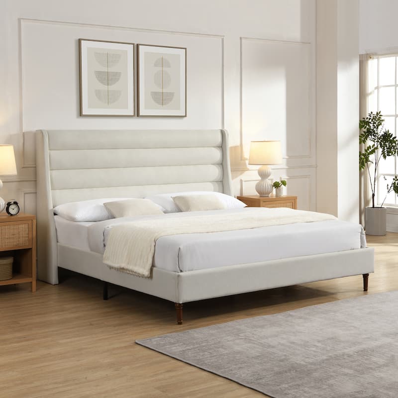 Chenille Upholstered Platform Bed Frame with Wingback Headboard