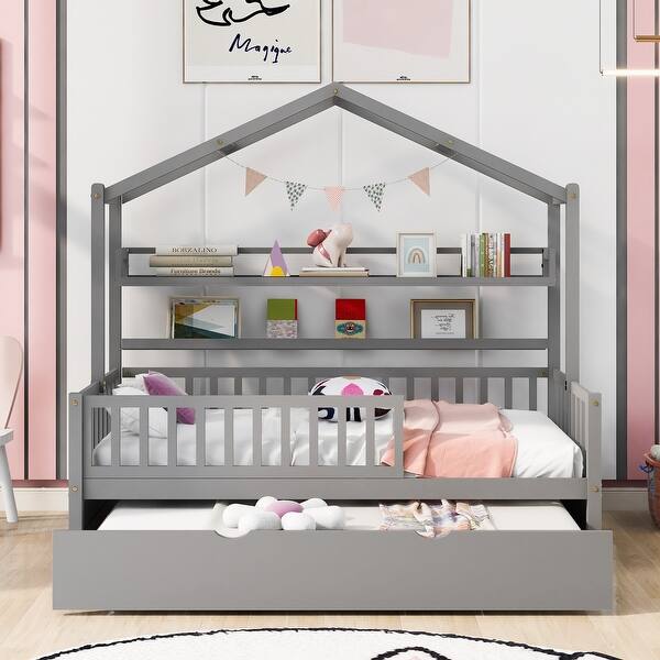 slide 2 of 40, Wooden Playhouse Bed Frame with Trundle Bed and Shelf Gray - Twin