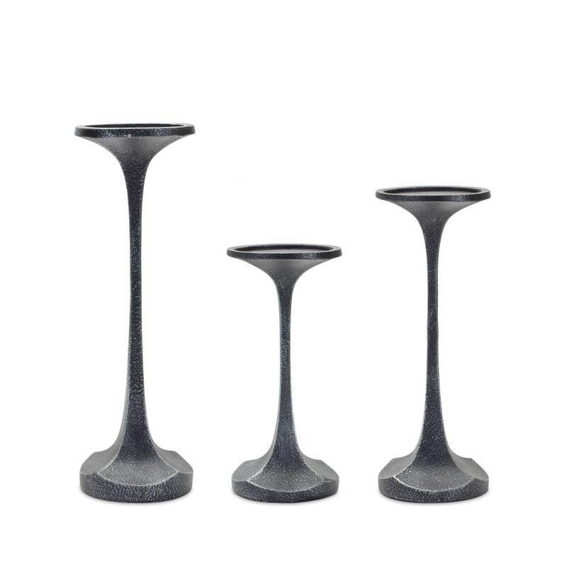 Set of Three Dark Gray Polyresin Abstract Tabletop Pillar Candle Holders - One Size
