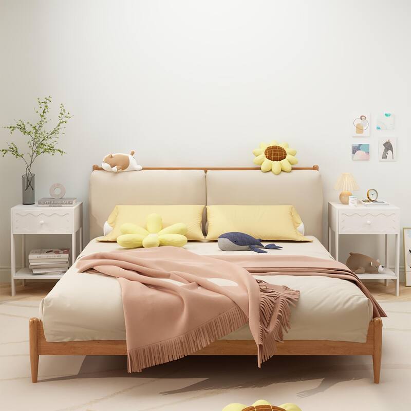 Nightstand with Drawer and Open Shelf, Modern Wave Pattern Bedside Table, Solid Wood Frame End Table for Bedroom, Living Room