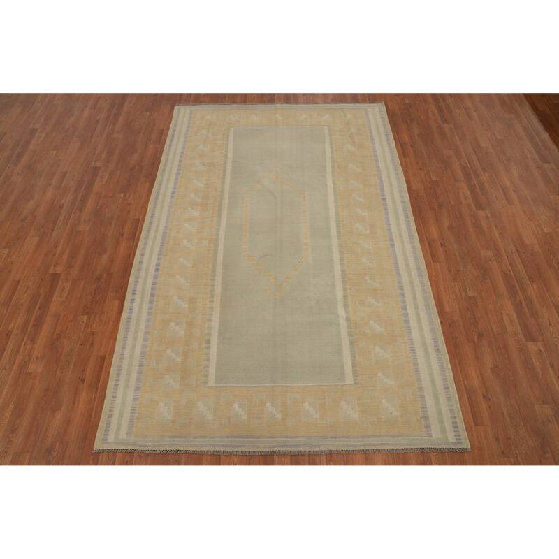 Hand Woven Oriental 100% Wool Carpet Southwestern Tribal Beige & Ivories Kilim Area Rug - 9' 2'' X 6' 0''